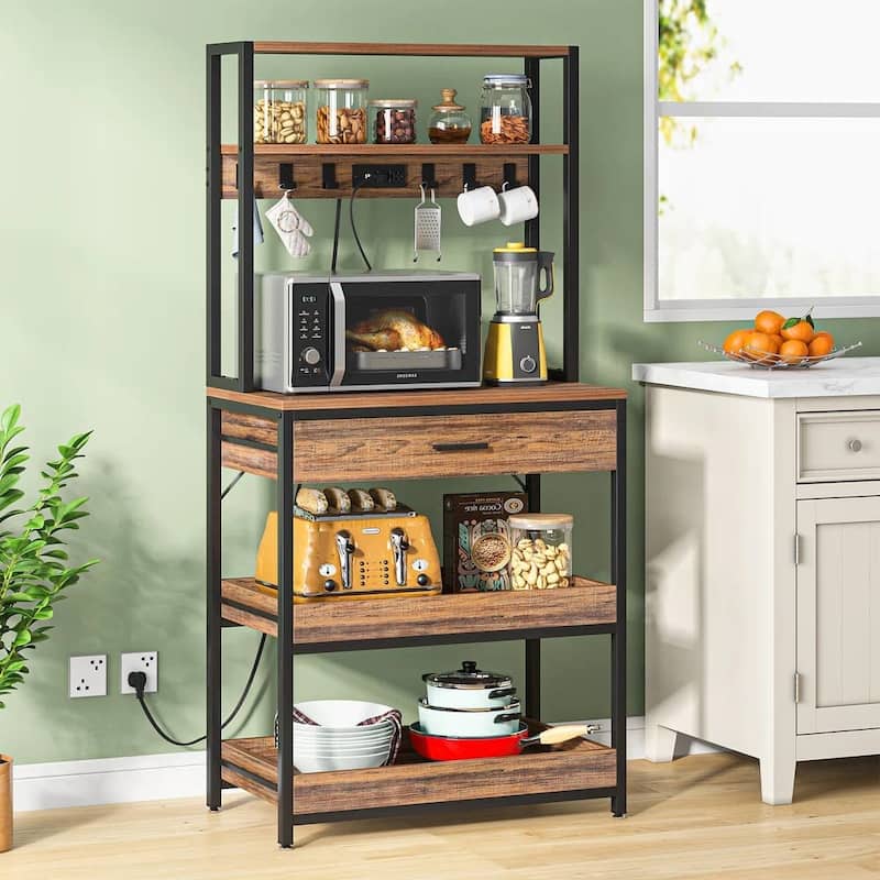 3-Shelf Kitchen Baker’s Rack with Drawers Pull-Out Shelf Microwave Storage and Steel Frame - 64.96”H x 31.50" W x 15.75”D