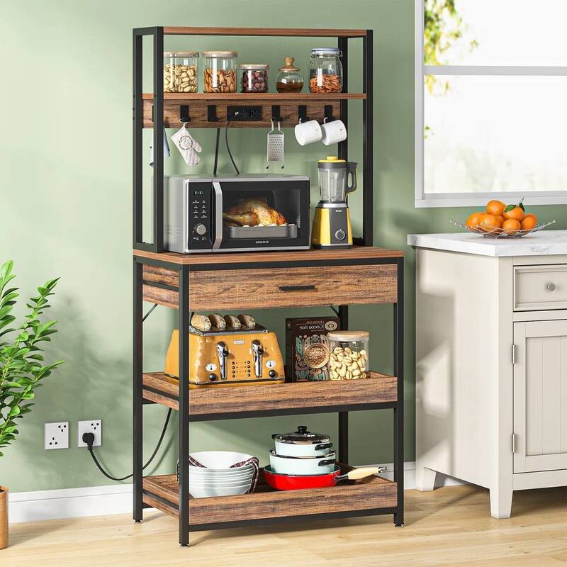3-Shelf Kitchen Baker’s Rack with Drawers Pull-Out Shelf Microwave Storage and Steel Frame - 64.96”H x 31.50" W x 15.75”D - Brown