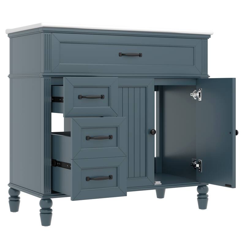 36" Bathroom Vanity with Ceramic Sink Blue Bathroom Cabinet with Drawers