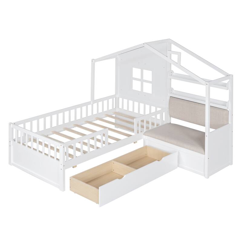 Roomfitters Twin House Bed with Sofa, Wooden Platform Bed with Storage Compartment and Side Shelf, Space Saving Design