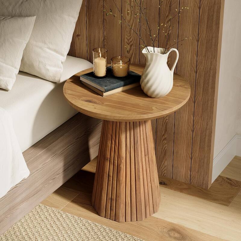 19-inch Solid Wood Small Round Pedestal Side/End/Bedside Table with Fluted Base