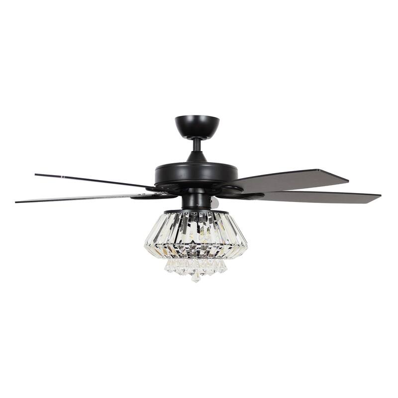 52" Modern Black Downrod Mount Crystal Ceiling Fan with Light and Remote Control - 52 in. D x 52 in. W x 21.6 in. H
