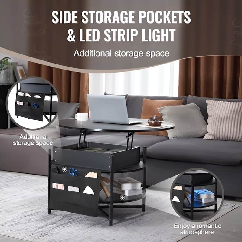 35.3" Round Coffee Table with Lift Top, Hidden Storage & Open Shelf
