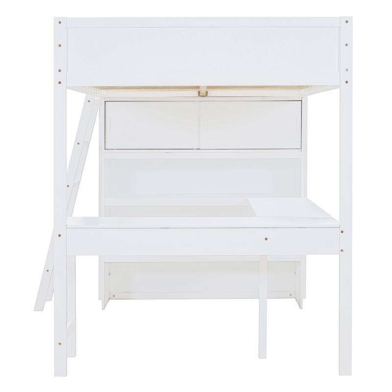 Full Size Loft Bed with Desk and Shelves in White/Gray