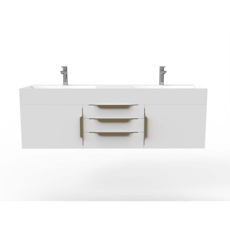 Amazon 60" Wall Mounted Bathroom Vanity Set w/ White Top - White - Gold Finish