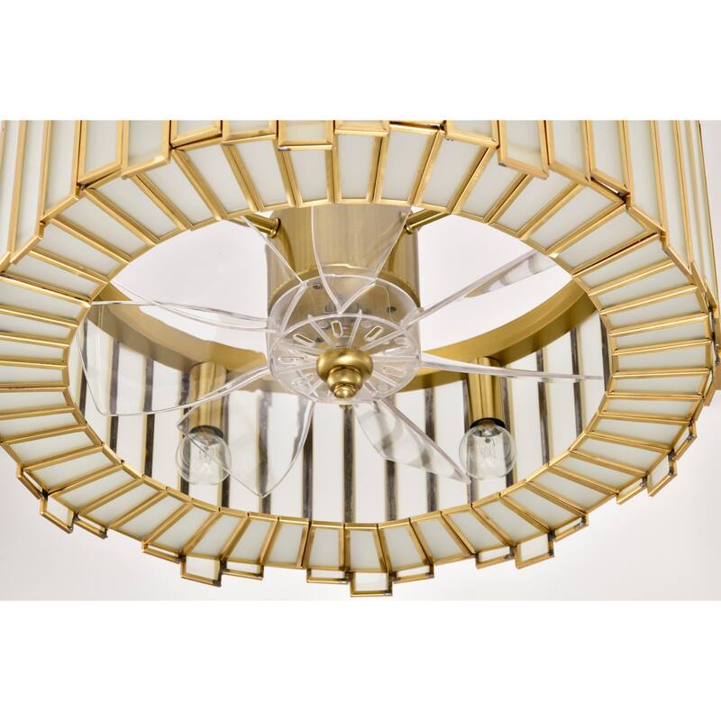Walda 6-light Brass and Frosted Glass Staggered Panes Fandelier Lighted Ceiling Fan Remote Control - Brass-White
