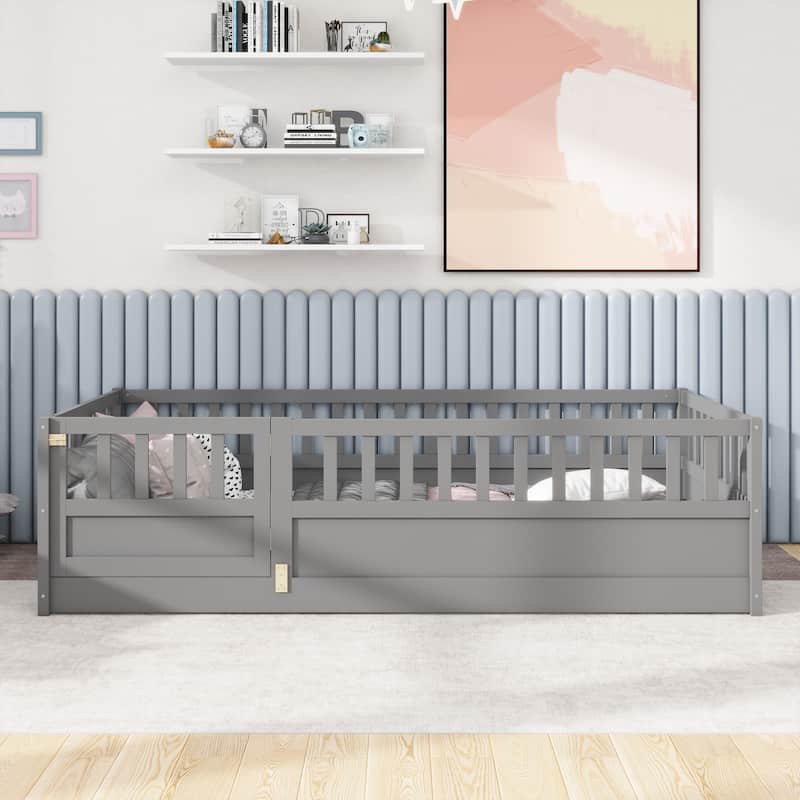 Children'S Floor Bed Frame Construction with Super High Security Barrier & Door