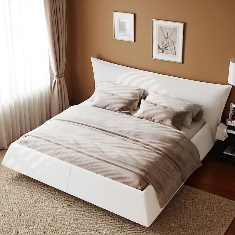 Queen/King Size Upholstered Platform Bed with Oversized Velvet Headboard, Solid Wood & Metal Frame, No Box Spring Needed - Cream - King