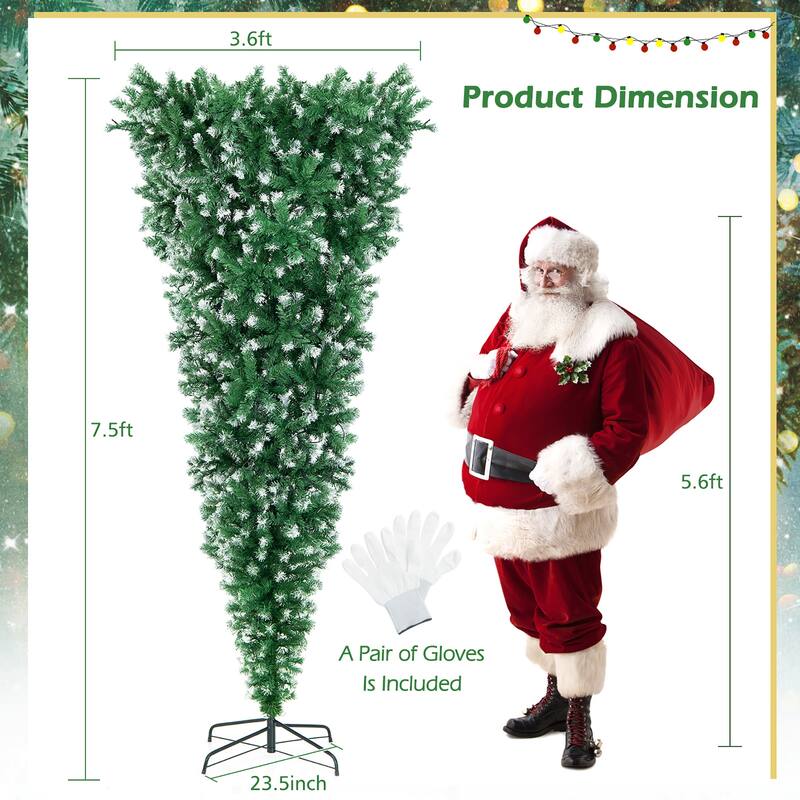 Gymax 7.5FT Pre-Lit Snowy Inverted Christmas Tree Artificial Tree w/
