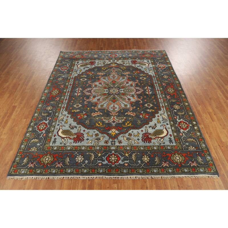 Slate Medallion Heriz Serapi Indian Area Rug Hand-Knotted Wool Carpet - 8'0" x 9'9"