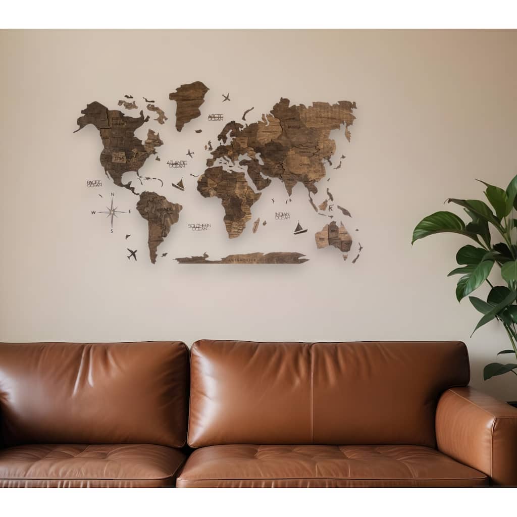HomeRoots 24" X 39" Brown Wood World Map Hanging Dimensional Sculpture