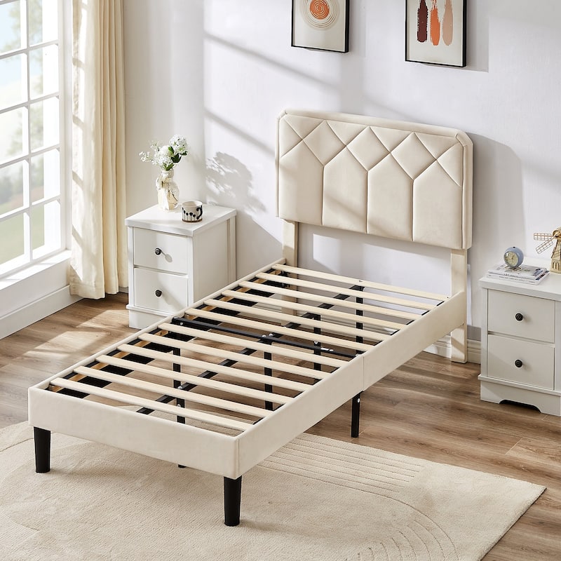 2 Pcs Upholstered Twin Size Platform Bed with Adjustable Headboard