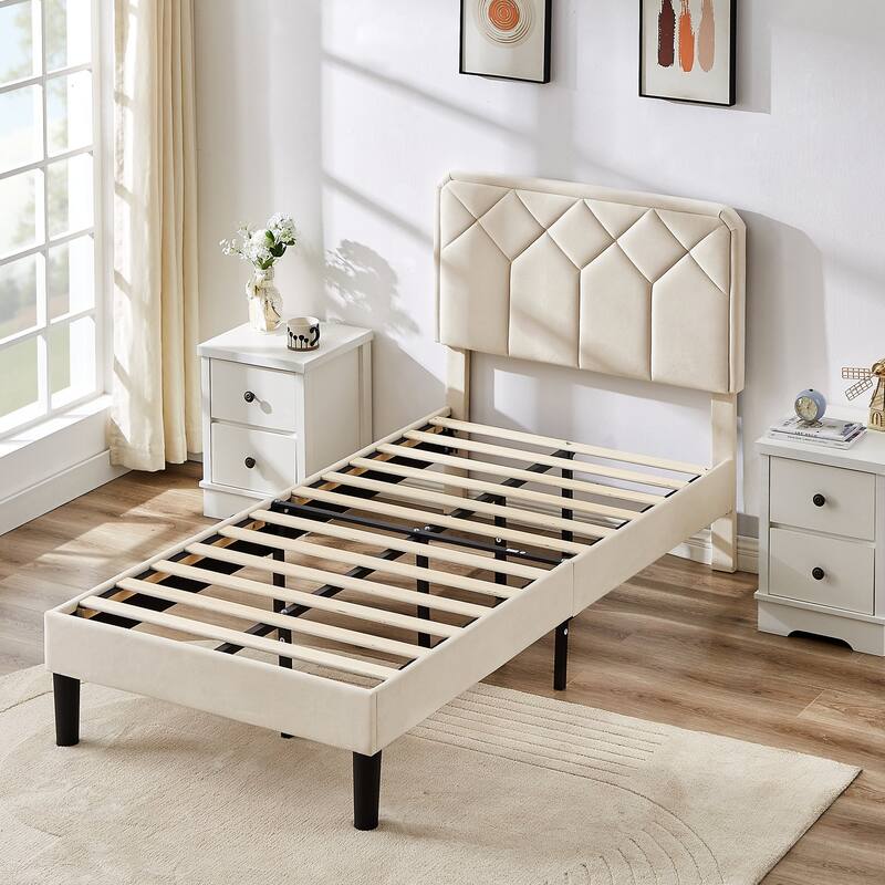 VECELO Adjustable Height Velvet Upholstered Bed Diamond Tufted Headboard with 7.8" Underbed Storage No Box Spring Needed