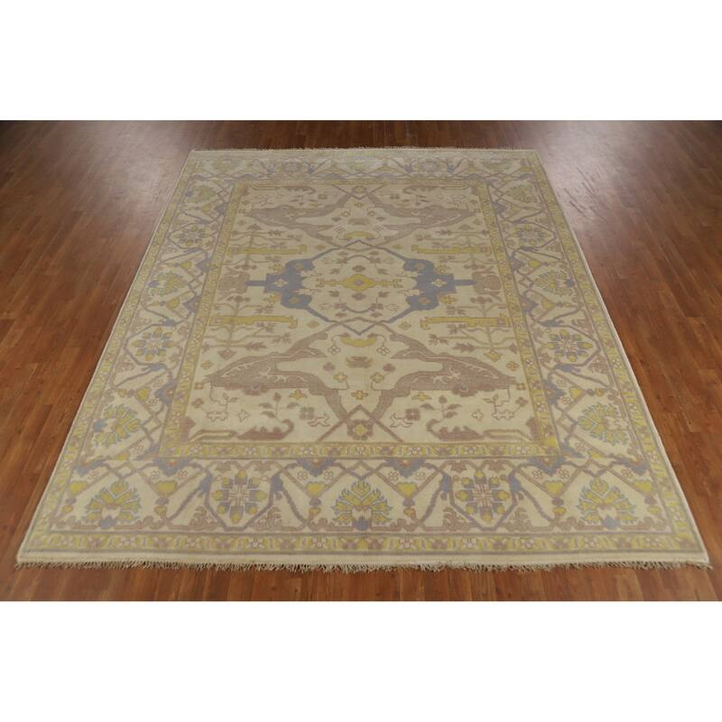 Earth Tone Oushak Indian Area Rug Handmade Bedroom Beige Wool Carpet - 8'1" x 9'9"