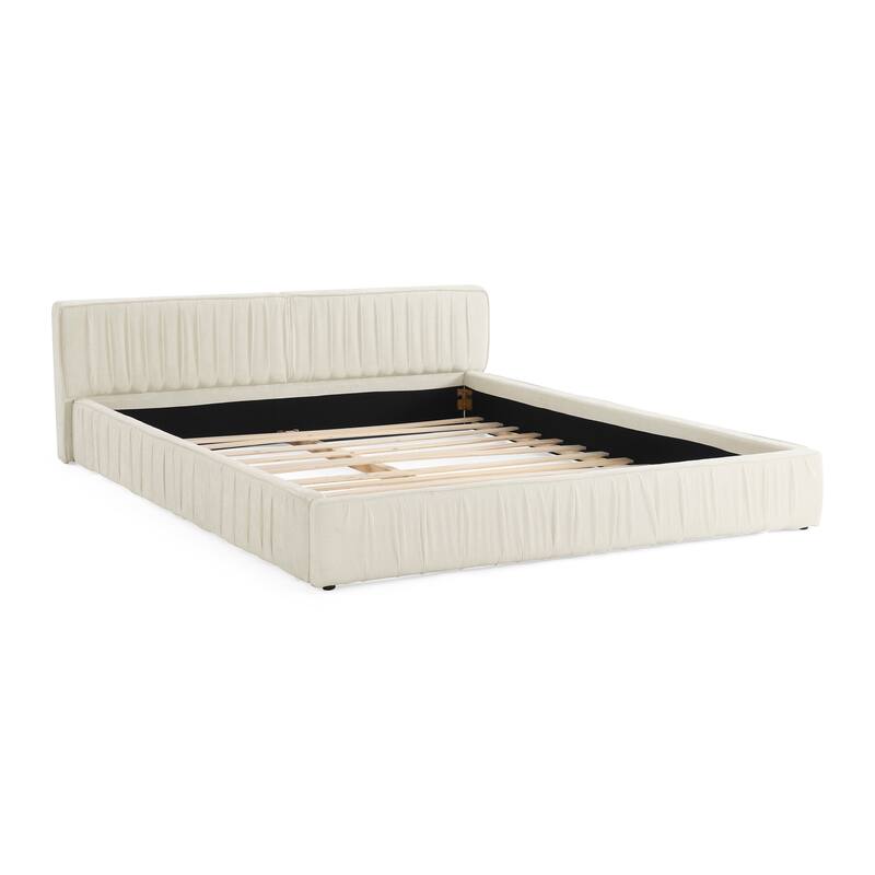 Roomfitters Queen Upholstered Chenille Fabric Platform Bed with Pleated Headboard, Solid Low Frame, No Box Spring Needed