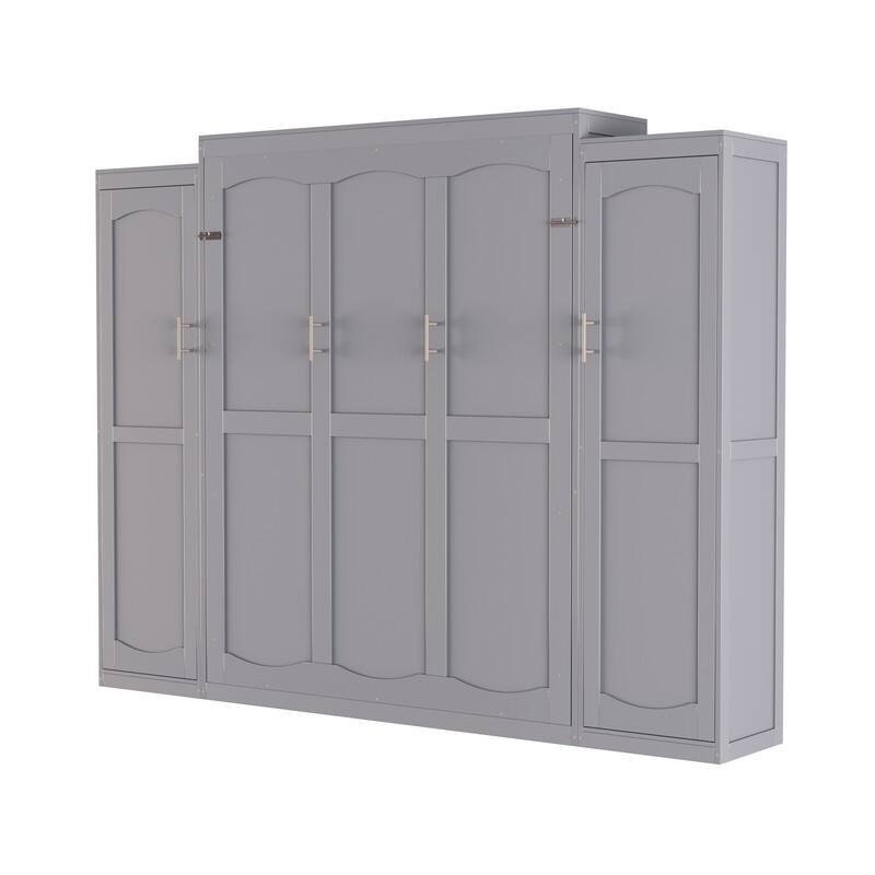 Full Size and Queen Size Murphy Bed, Wooden Queen Wall Bed with 2 Wardrobe and Storage Shelf