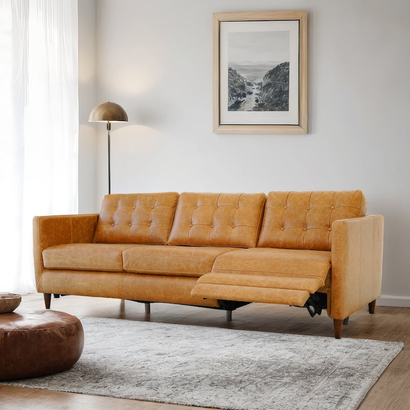 Ellis Mid-Century Modern Genuine Leather Power Incliner Sofa in Waxy Tan - Right Facing