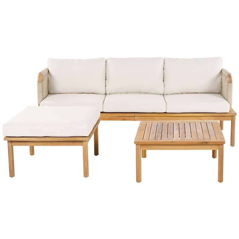 3-Piece Acacia Wood & Rope Patio Sofa Set - Boho-Chic Outdoor Sectional with Cushions - Weatherproof Lounge Set for Balcony