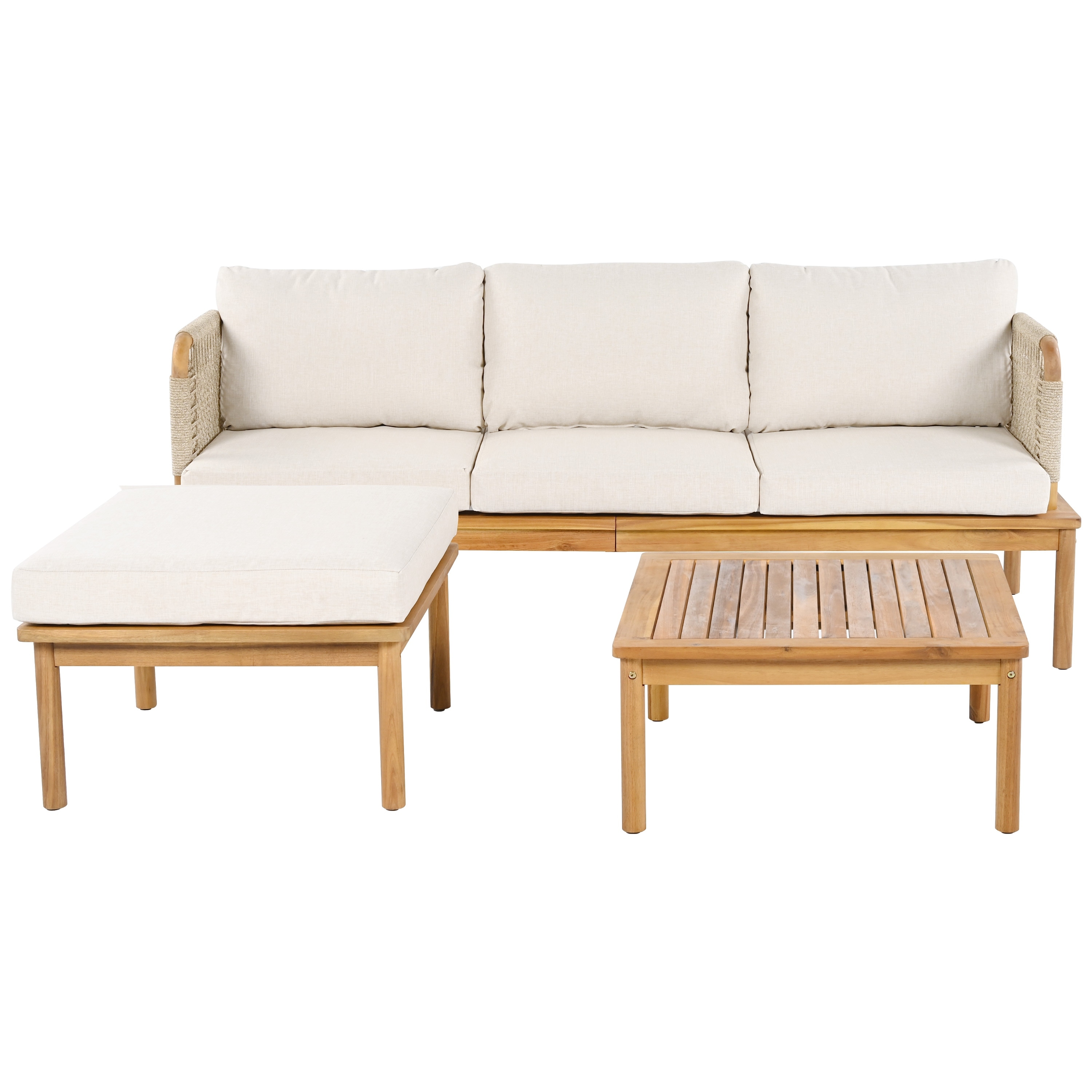 Outdoor 3 Piece Acacia Wood Conversation Sofa Set for 4 People, L Shaped Patio Sectional Sofa Set with Handwoven Rope Armrests