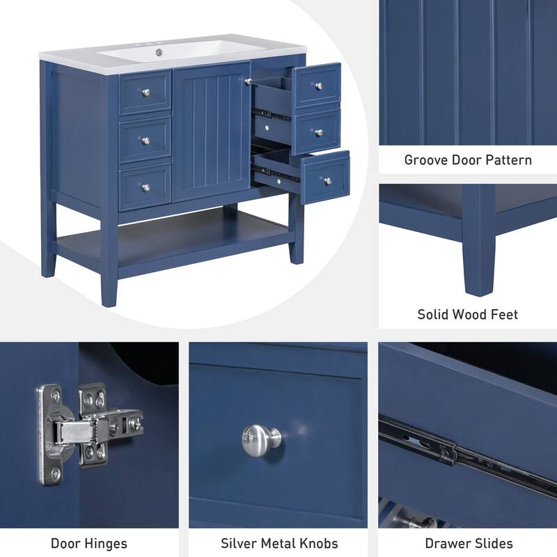 36" Bathroom Vanity with Sink Combo, One Cabinet and Three Drawers, Solid Wood and MDF Board