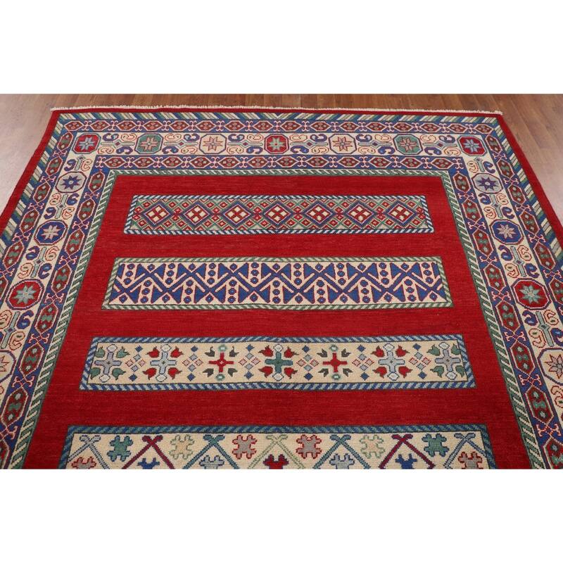Red Geometric Kazak Oriental Area Rug Handmade Wool Carpet - 6'6" x 9'7"