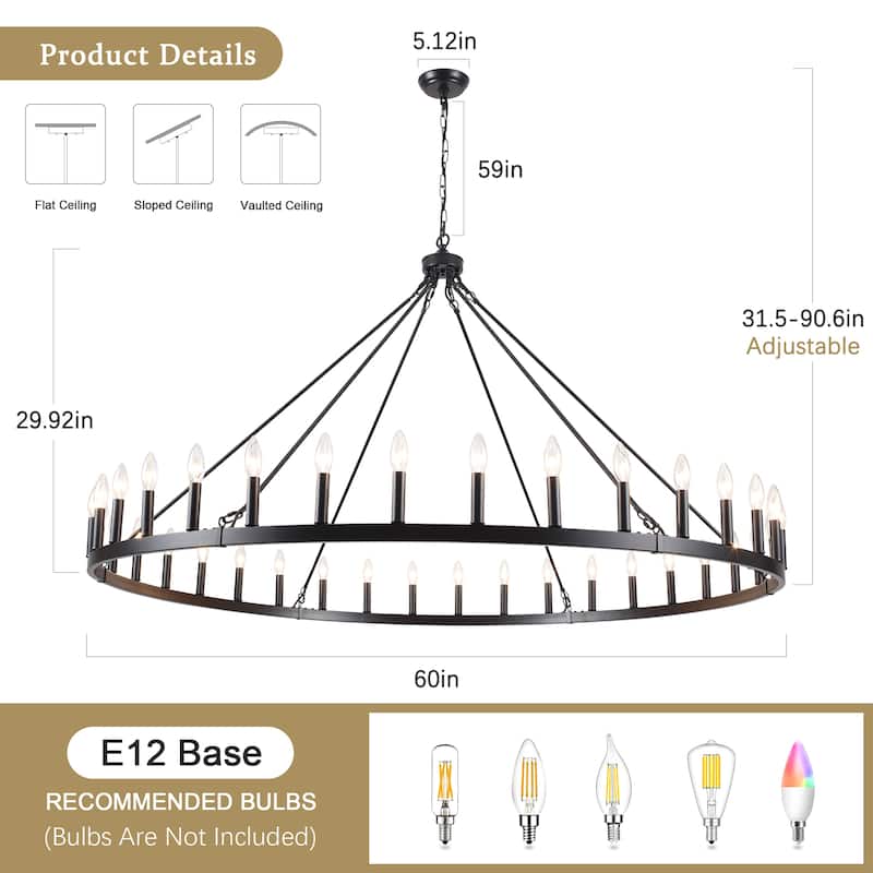 36-Light 47 in. Large Modern Farmhouse Candle Wagon Wheel Chandelier for Living Room