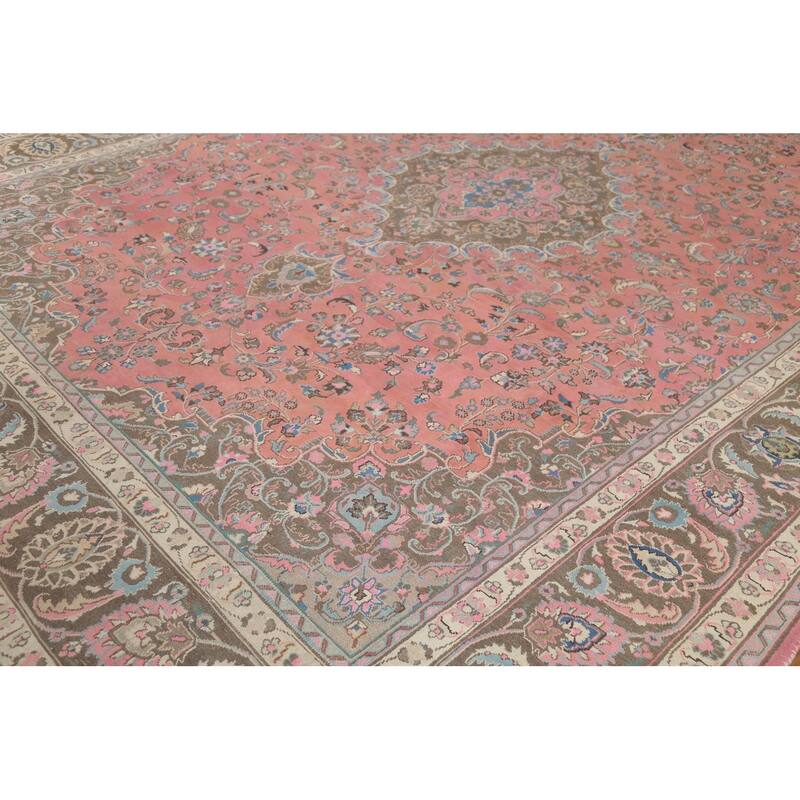 Traditional Pink Mashad Persian Vintage Rug Handmade Wool Carpet - 9'8"x 12'3"