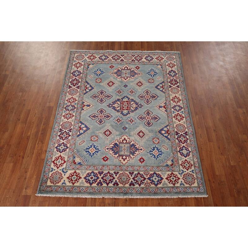 Light Blue Traditional / Geometric Kazak Rug Hand-Knotted Wool Carpet - 5'0" x 6'7"