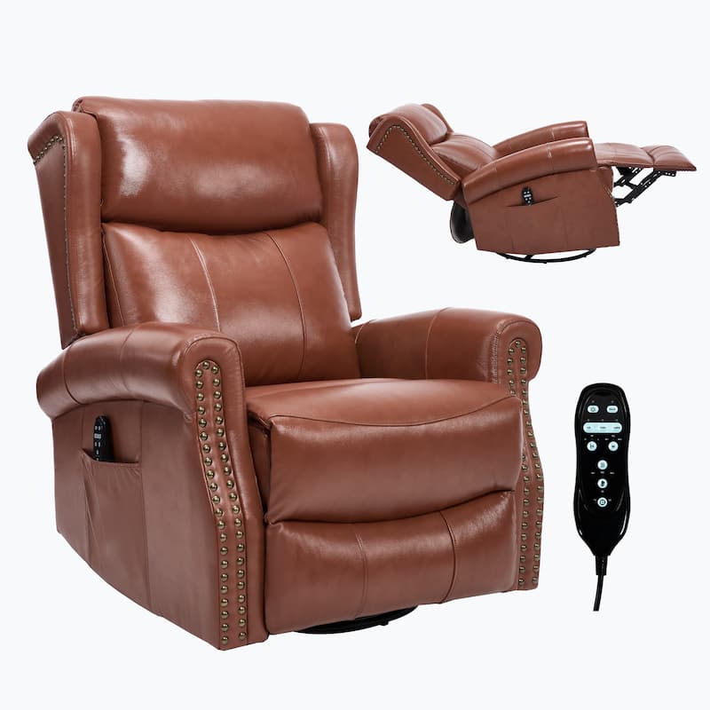 360° Swivel Rocking Recliner with Heat & Massage, Genuine Leather