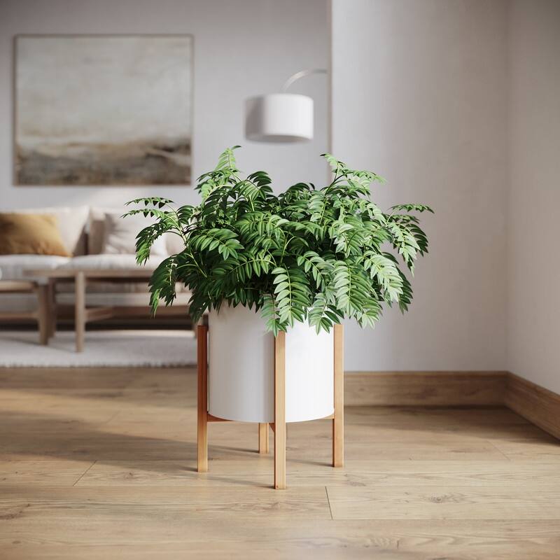 Raya White Mid-Century Modern Planter with 4-Leg Wood Base - 14.75" H  x 12" W - White