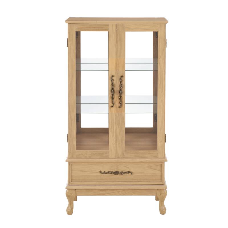 Vintage Display Cabinet with 2 Doors, Adjustable Glass Shelves and 1 Drawer