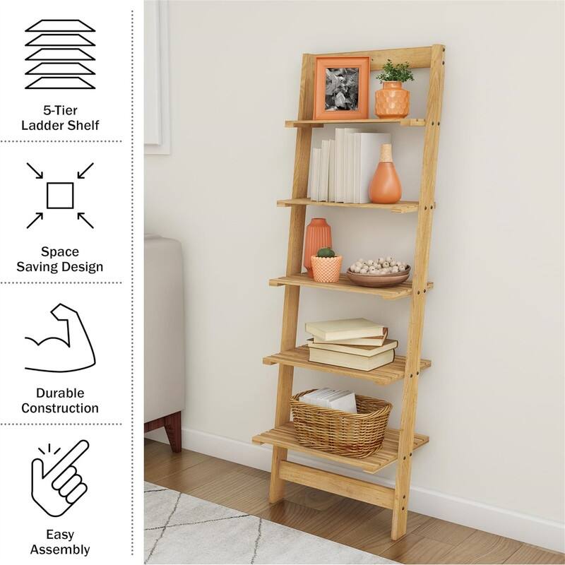 5 Tier Bookshelf Leaning Ladder Shelf Decorative Book Shelves for Bedroom - 11.5"D x 16.25"W x 50"H