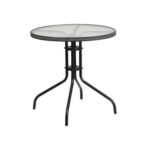 Offex 28'' Round Tempered Glass Metal Table with Gray Rattan Edging - Clear