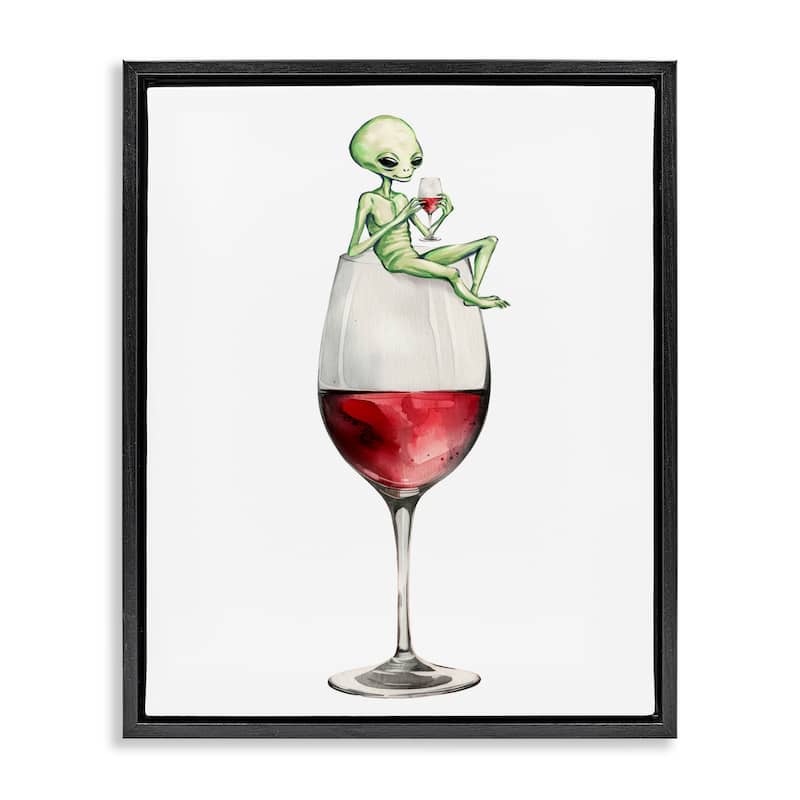 Stupell Alien Perched on Wine Glass Framed Floater Canvas Wall Art Design By Lil' Rue - 25 x 31 - Black