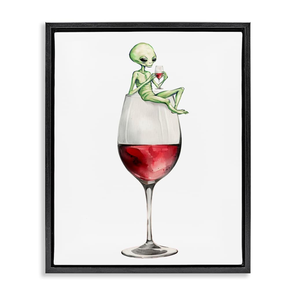 Stupell Alien Perched on Wine Glass Framed Floater Canvas Wall Art Design By Lil' Rue