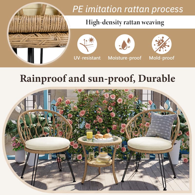 3 Pieces Rattan Bistro Set with A Glass Round Table for Patio