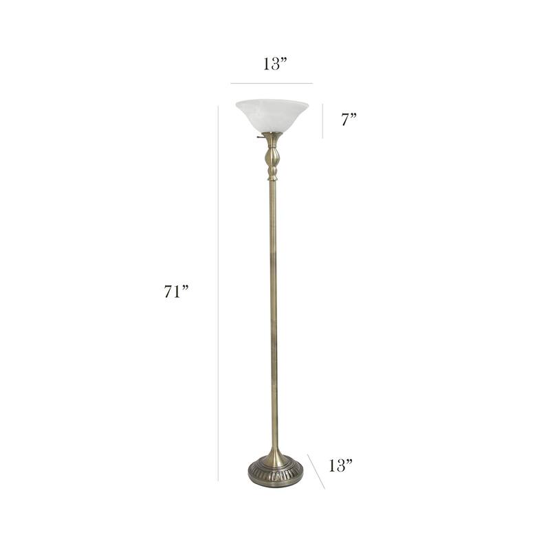 LF2001-ABS 1 Light Torchiere Marbleized White Glass Shade Floor Lamp, Antique Brass
