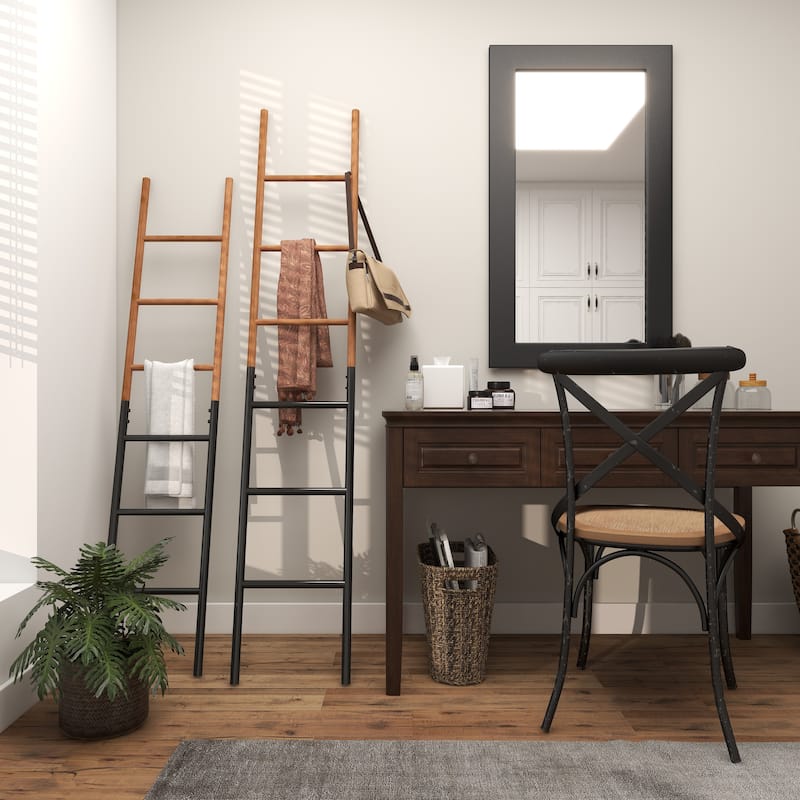 Brown Wood Slim Two-Toned 12 Rug Ladder with Black Metal Bases (Set of 2)