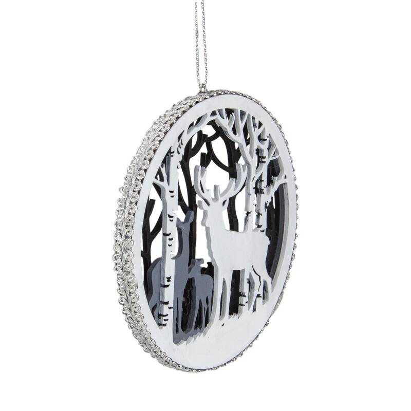 Reindeer with Forest Christmas Disc Ornament - 4.25" - Gray and White