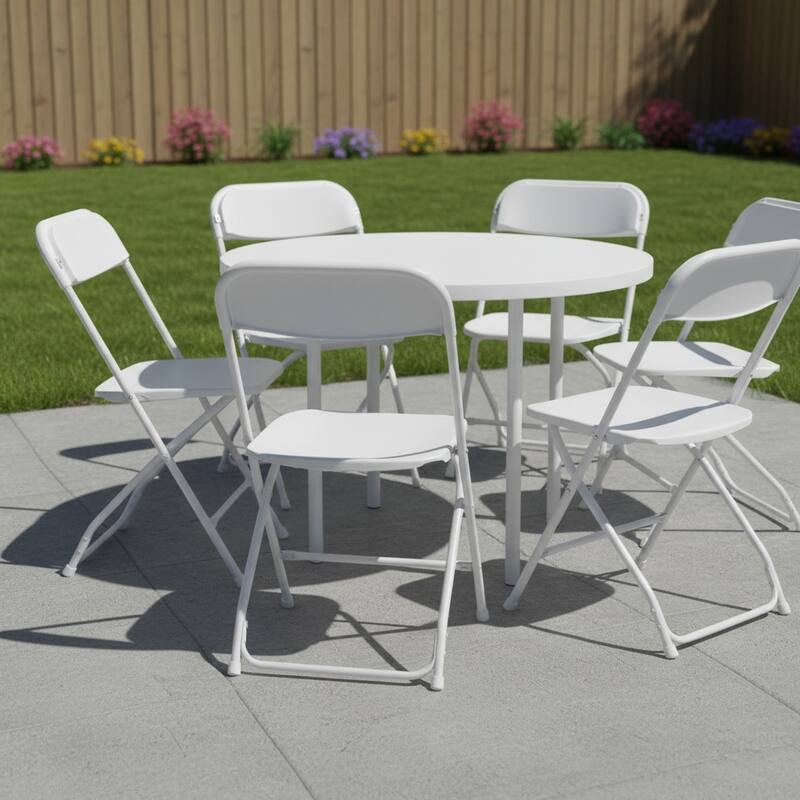 Set of Six White Metal Outdoor Folding Stacking Dining Chairs - White