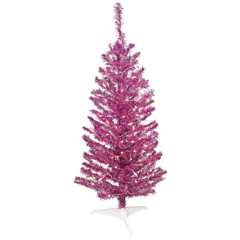 Pre-Lit Artificial Tinsel Christmas Tree - 4' - Two Tone Pink - Clear Lights - 4 Foot