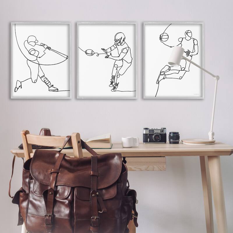 Stupell Simple Line Doodle People Playing Sports Baseball Football Basketball Framed 3 Piece Wall Art - Black