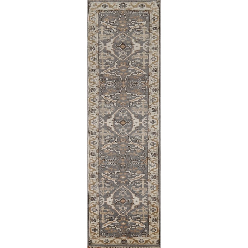 All-Over Gray Oushak Oriental Runner Rug Hand-Knotted Wool Carpet - 2'7"x 11'2"