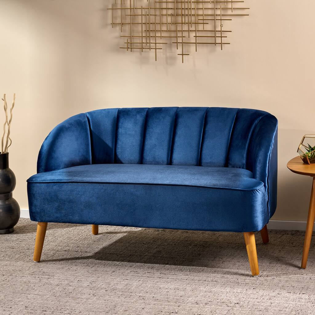 Navy Blue Velvet Loveseat Sofa with Birch Wood Frame