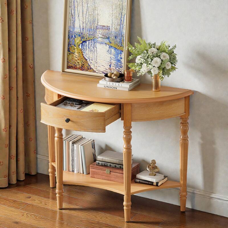 Farmhouse Half Moon Console Table with Drawer and Shelf, Rustic Solid Wood Entryway Sofa Table