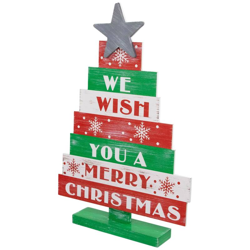 Wooden "We Wish You A Merry Christmas" Tabletop Tree Sign - 16.5" - Green and Red