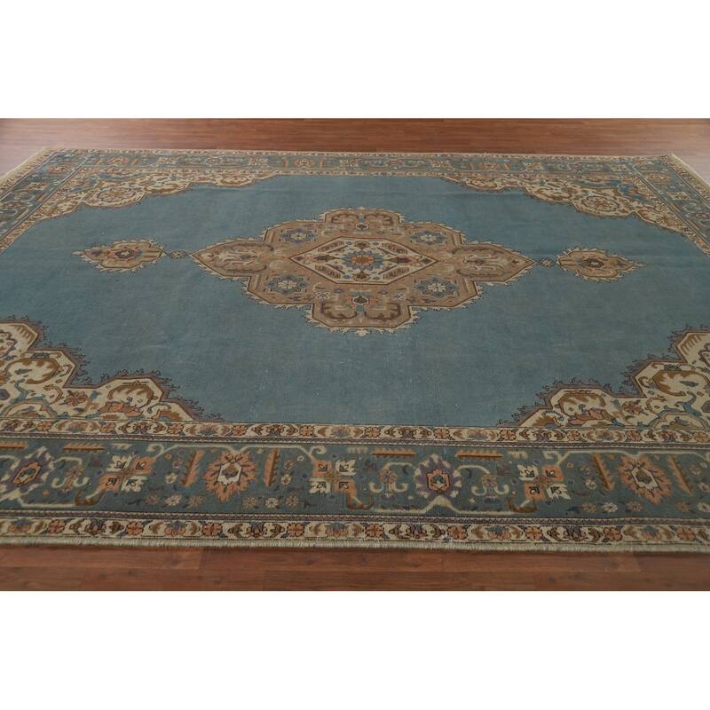 Blue Tabriz Vintage Persian Area Rug Hand-Knotted Wool Carpet - 9'4" x 12'7"