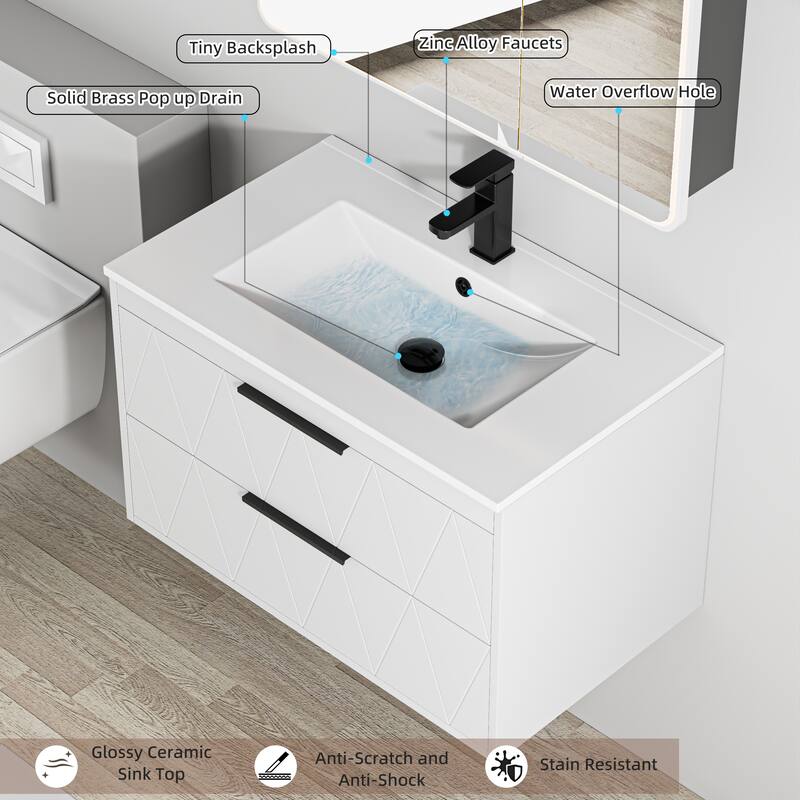24"/30"/36"/48" Ceramic Vessel Sink Wall Mounted Bathroom Vanity Set