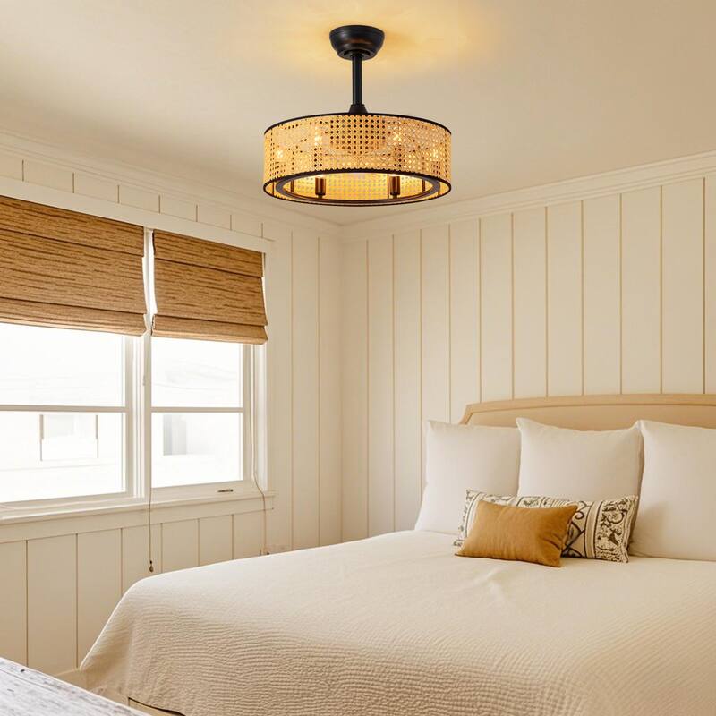 19" Rattan Caged Ceiling Fan With Lights And Remote, 6-Light Boho Woven Round Chandelier Ceiling Fan With Light - 19''-6 Lights