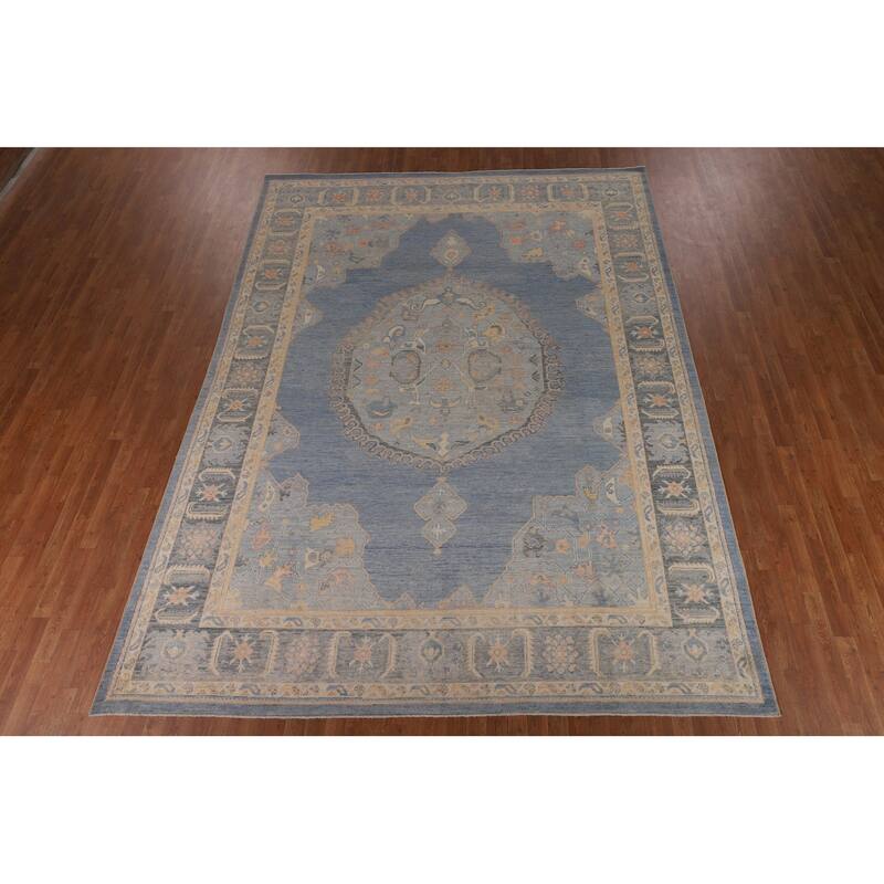 Vegetable Dye Oushak Oriental Area Rug Hand-Knotted Blue Wool Carpet - 9'4"x 12'7"